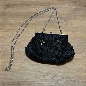 Bijoux Terner Black Beaded Evening Clutch with Silver Chain
